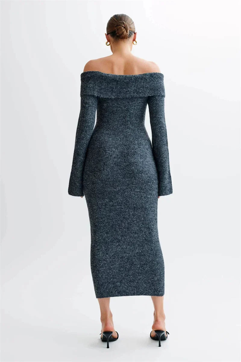 Sukienka midi Off-Shoulder Fluffy Knit